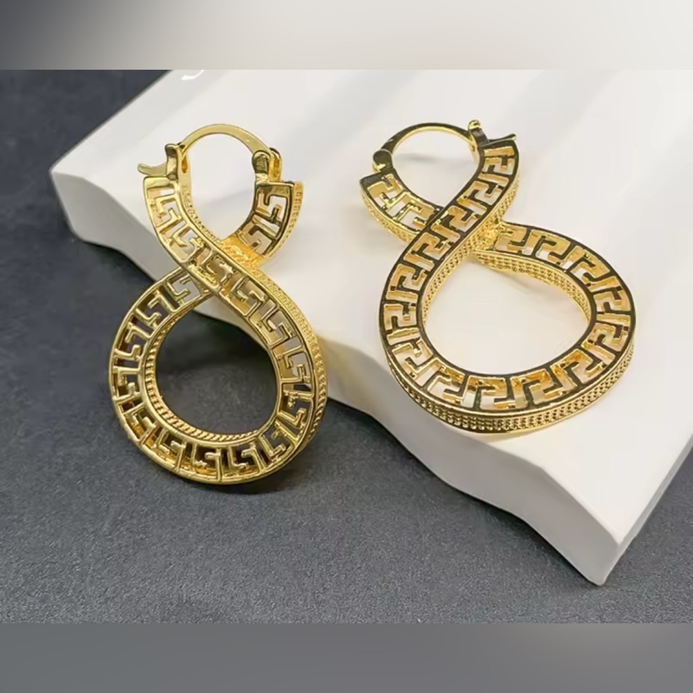 18K Gold Infinity Shape Hoop Style Earrings With Greek Style Design - Picture 6 of 7